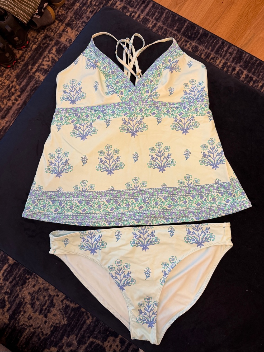 Vineyard Vines Cream Tankini & Bikini Set with Blue-Green Floral Print